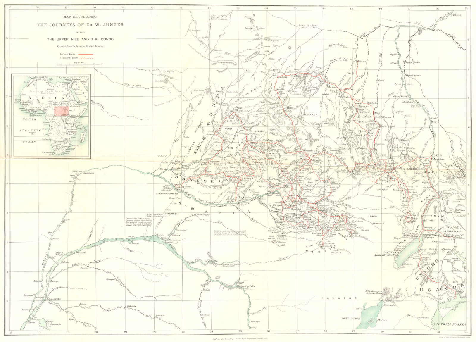 CENT.AFRICA.Dr.Junker journey Upper Nile Congo rivers.Uganda Sudan.RGS 1887 map
